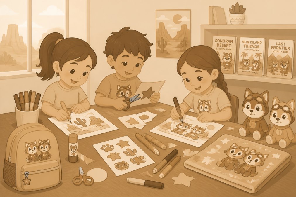 Children engaged in hands-on creative craft activity with colorful markers, paper, and various art supplies spread across a wooden table in natural daylight