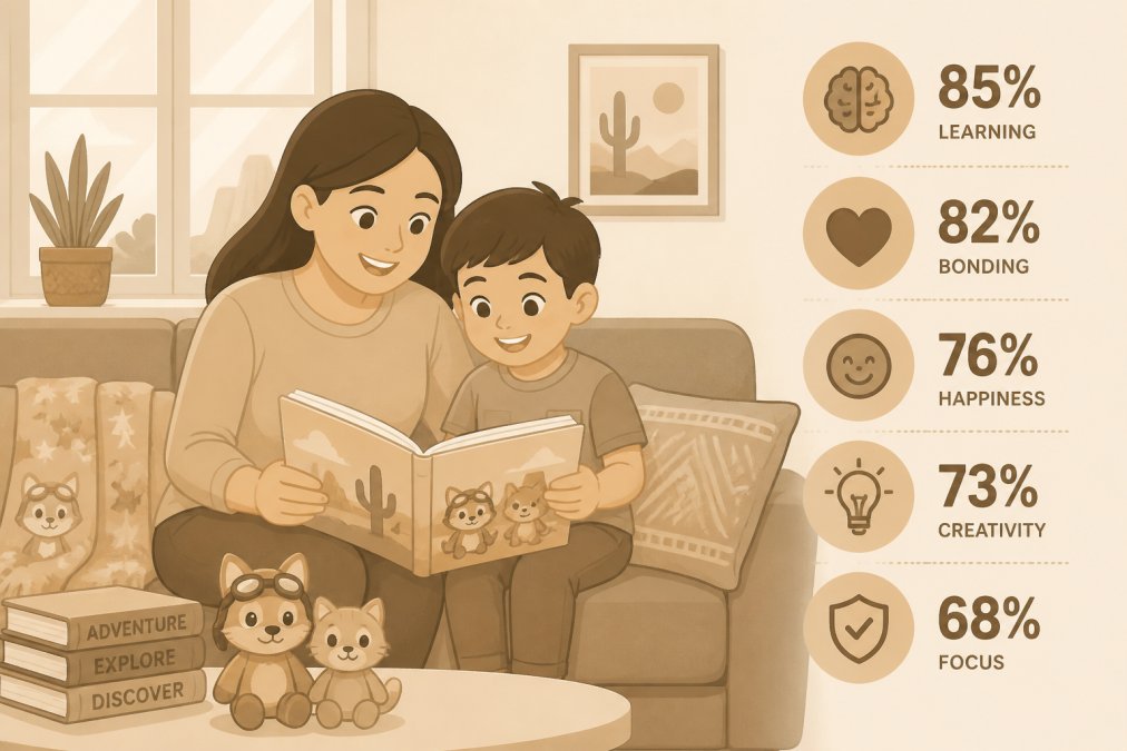 Parent and child reading a book together on a couch in natural daylight, showing engaged interaction and shared screen-free time