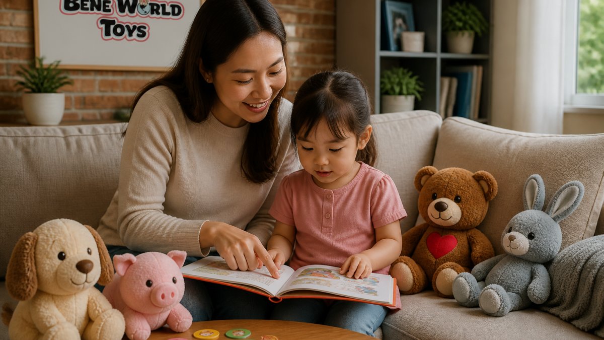 Parent and child sitting together on a couch with colorful plush toys and an open storybook, child engaged and focused during a quiet learning moment with warm natural lighting