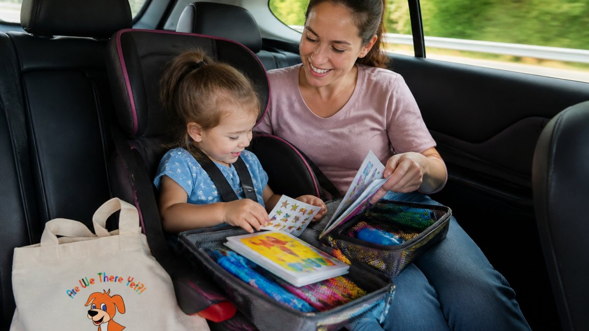 Parent and toddler sitting together in a car seat with portable toys, sticker books, and a busy bag spread across the child's lap during a road trip, showing real travel activities in action