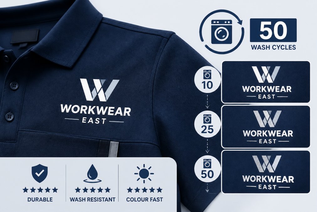 Close-up of a well-maintained screen-printed workwear garment showing crisp, vibrant logo detail and colour saturation after multiple wash cycles