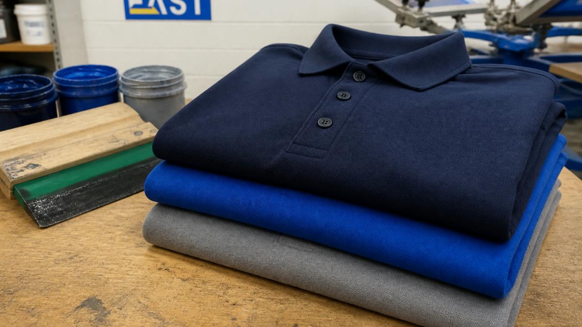 Close-up of a stack of freshly screen-printed polo shirts in navy, royal blue and grey on a wooden workshop table, with a squeegee and open ink pots visible in the background under bright overhead lighting