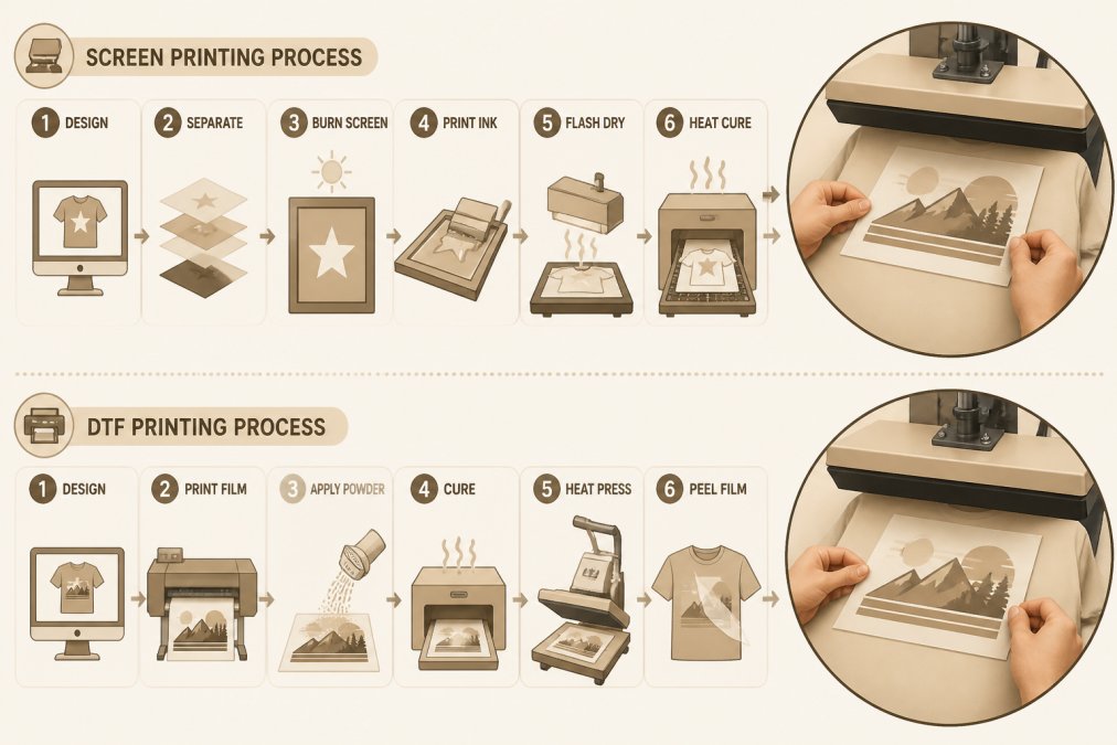 Close-up of hands carefully positioning a custom t-shirt design on a heat press, showing the transfer process with visible ink detail and fabric texture
