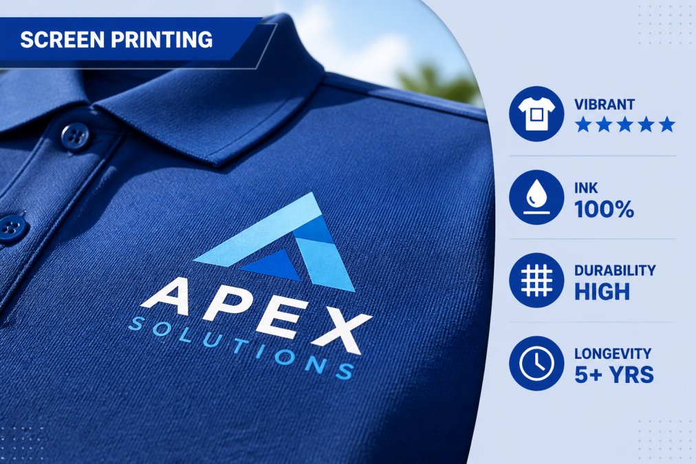 Close-up of a screen-printed corporate polo shirt showing crisp, vibrant logo detail and ink saturation on the fabric surface, with natural daylight highlighting the texture and color depth