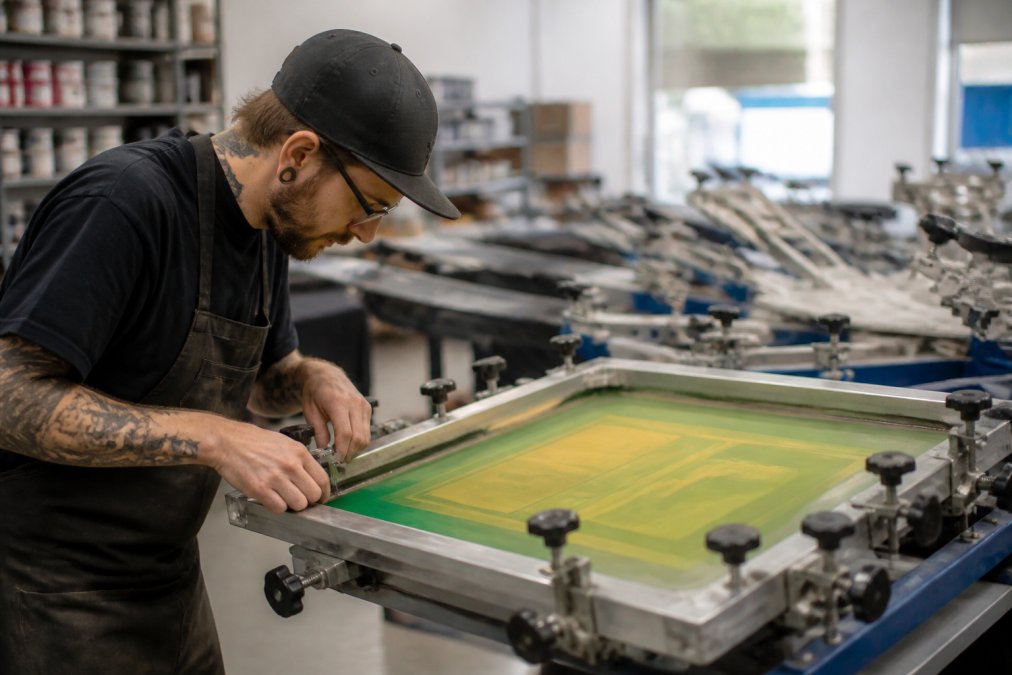 Professional printer adjusting screen mesh tension on a screen printing press, with bright studio lighting highlighting the precise registration marks and color separation layers