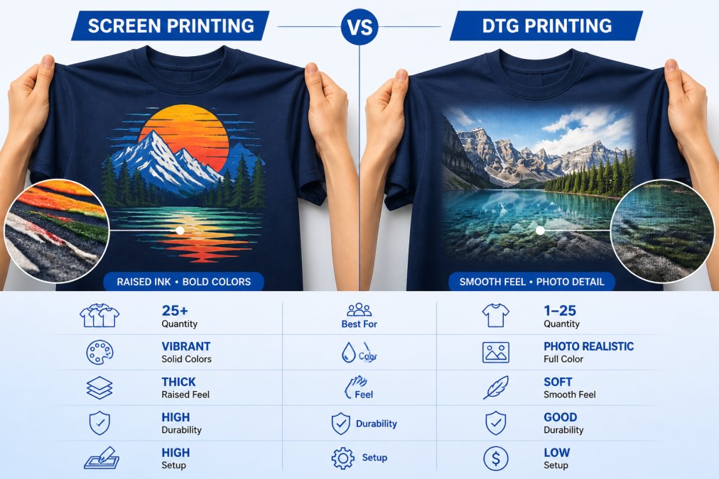 Two hands holding finished custom t-shirts side by side, one displaying a vibrant screen-printed multi-color design with raised ink texture and one showing a detailed DTG photorealistic print, demonstrating the visual and tactile differences in print quality under natural studio lighting