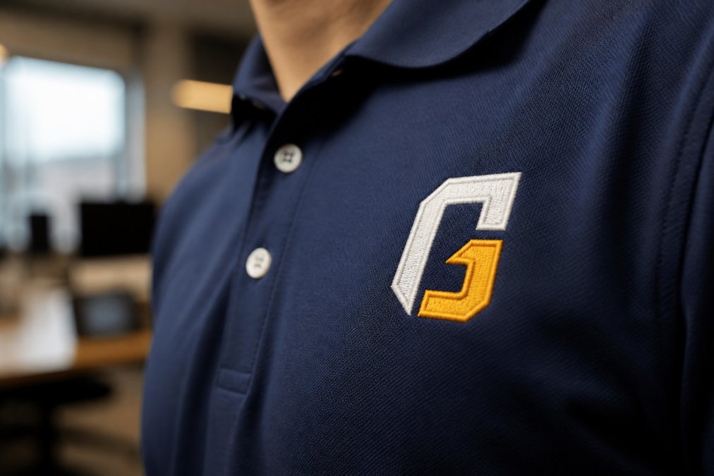 Close-up of a professional embroidered company logo on a navy polo shirt, showing detailed thread stitching and dimensional texture under natural office lighting