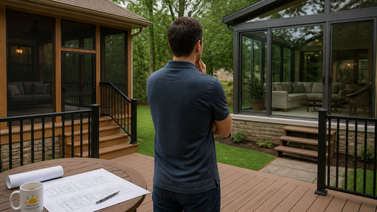 A homeowner standing on a wooden deck looking at a screened porch on one side and an enclosed glass sunroom on the other, with construction plans on a nearby table