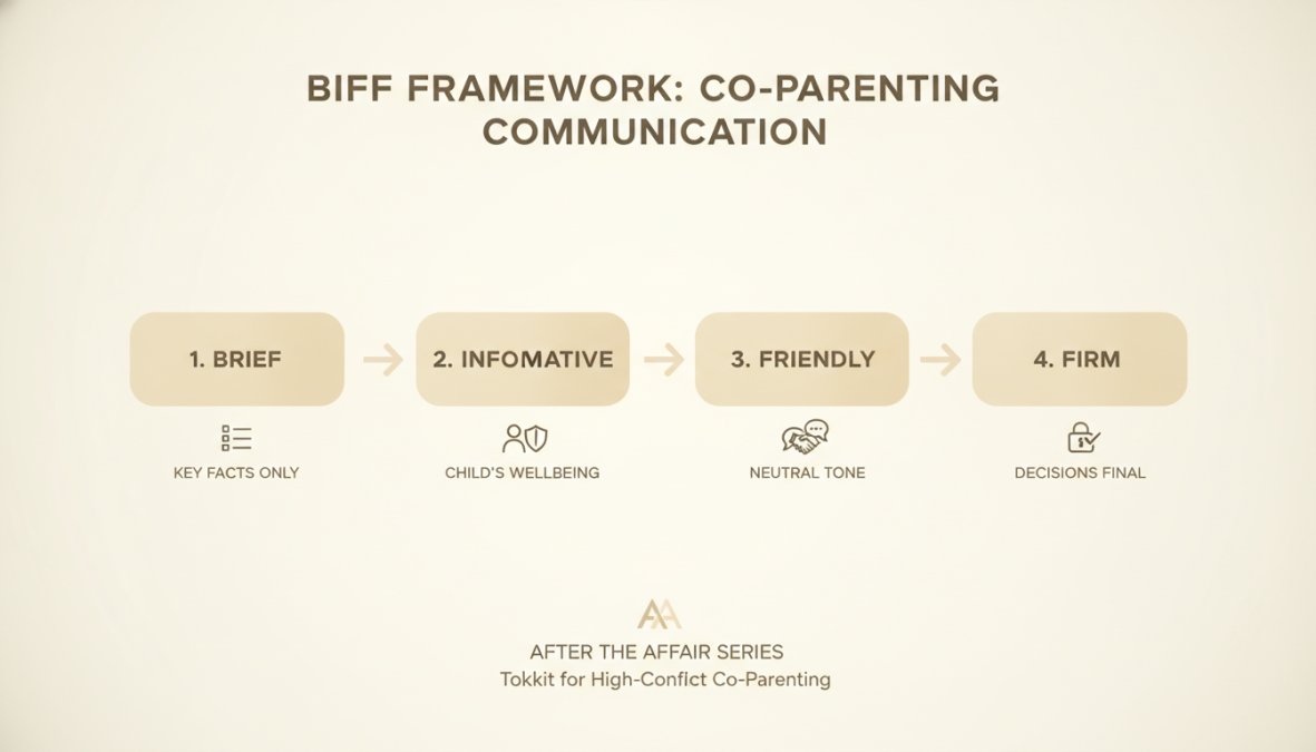 Flowchart showing BIFF framework components: Brief (limit to key facts only) → Informative (include only details relevant to child's wellbeing) → Friendly (use neutral, respectful tone) → Firm (state decisions as final, not negotiable)