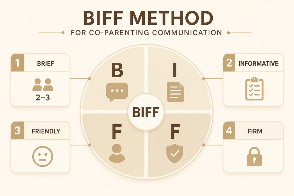 Mastering Effective Scripts for Dealing with a Narcissistic Ex for Successful Co-Parenting 1 Diagram showing BIFF framework with 4 components: Brief (limit to 2-3 sentences, no unnecessary details), Informative (state facts only, no emotions or accusations), Friendly (neutral, professional tone, no sarcasm), Firm (clear boundary, no room for debate or negotiation)