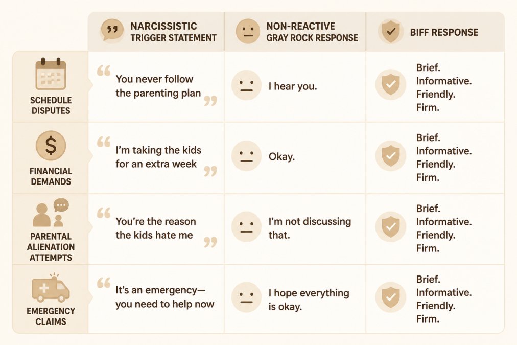 Mastering Effective Scripts for Dealing with a Narcissistic Ex for Successful Co-Parenting 3 Comparison matrix with 3 columns showing common scenarios: Column 1 - Narcissistic Trigger Statement (e.g., "You never follow the parenting plan", "I'm taking the kids for an extra week"), Column 2 - Non-Reactive Gray Rock Response, Column 3 - BIFF Response. Include 4 scenarios: schedule disputes, financial demands, parental alienation attempts, and emergency claims