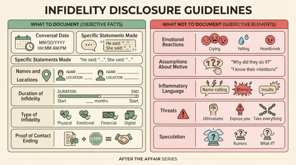 Scripts for Communicating With Unfaithful Spouse 2 Comparison matrix showing what to document (conversation date/time, specific statements made, names and locations, duration of infidelity, type of infidelity, proof of contact ending) vs. what NOT to document (emotional reactions, assumptions about motive, inflammatory language, threats, speculation)