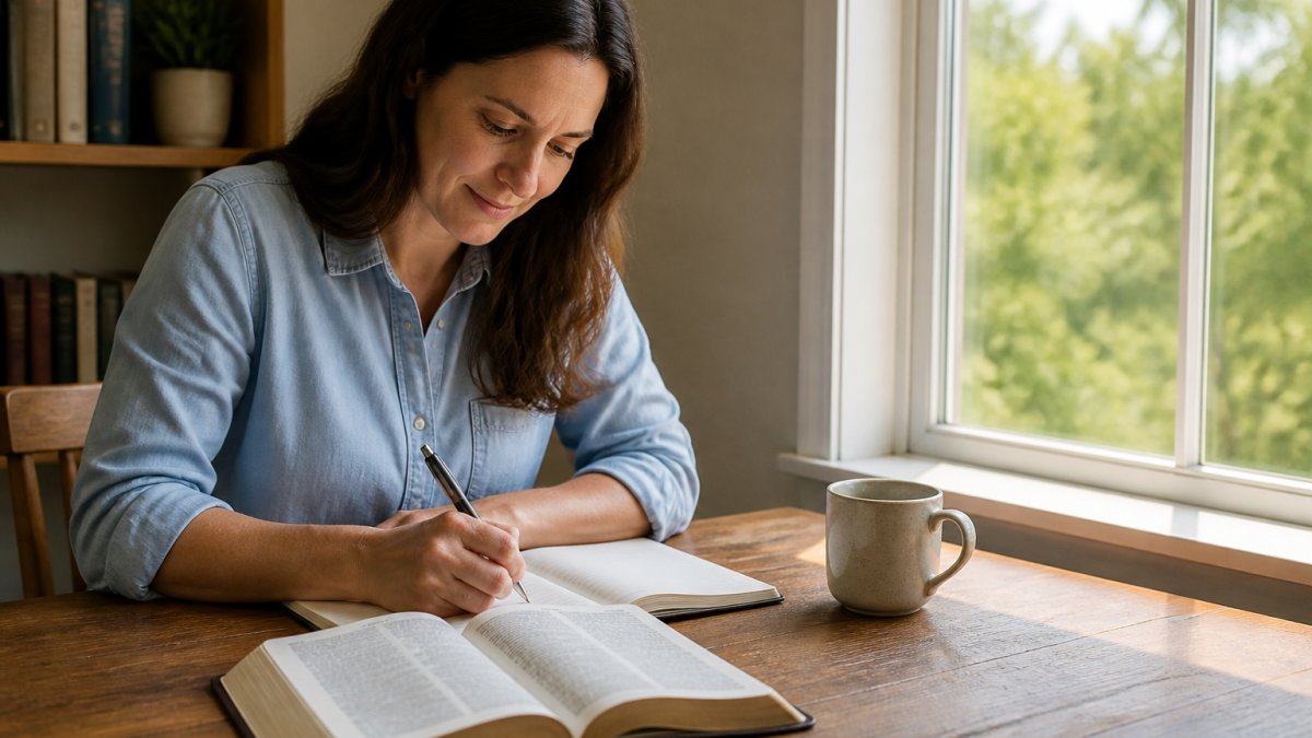 Diagram illustrating the process of creating a scripture based thought record using a Bible and journal.