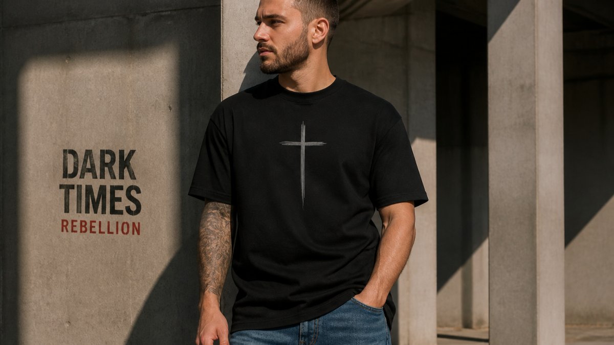 Man wearing premium heavyweight Christian graphic tee in black with minimalist cross design, styled casually with jeans in natural daylight, showing relaxed fit and clean aesthetic