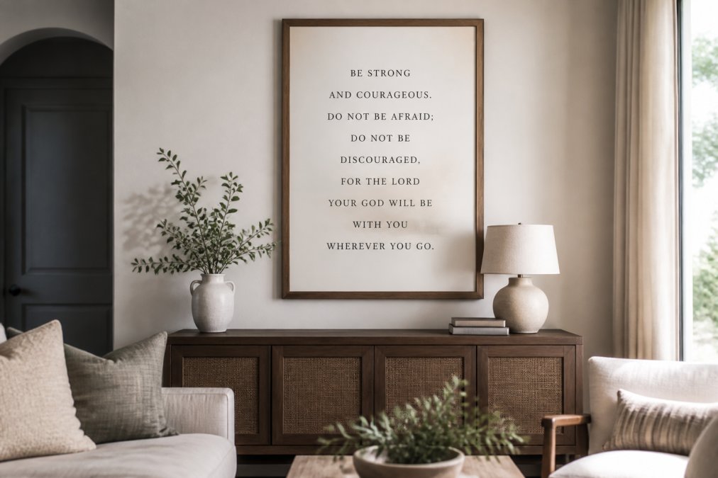 A well-lit living room wall featuring a large framed scripture poster as the focal point, styled with a console table, a plant, and warm neutral decor