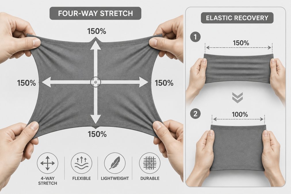 Close-up of scrub fabric being stretched and tested by hands, showing four-way stretch capability and elastic recovery with clear demonstration of fabric elasticity