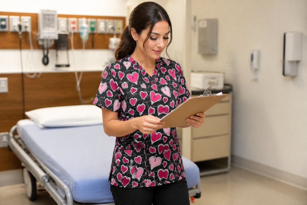 Healthcare professional in clinical setting wearing scrubs with visible deep pockets, stethoscope secured in front pocket, hands free while reviewing patient chart, natural hospital lighting