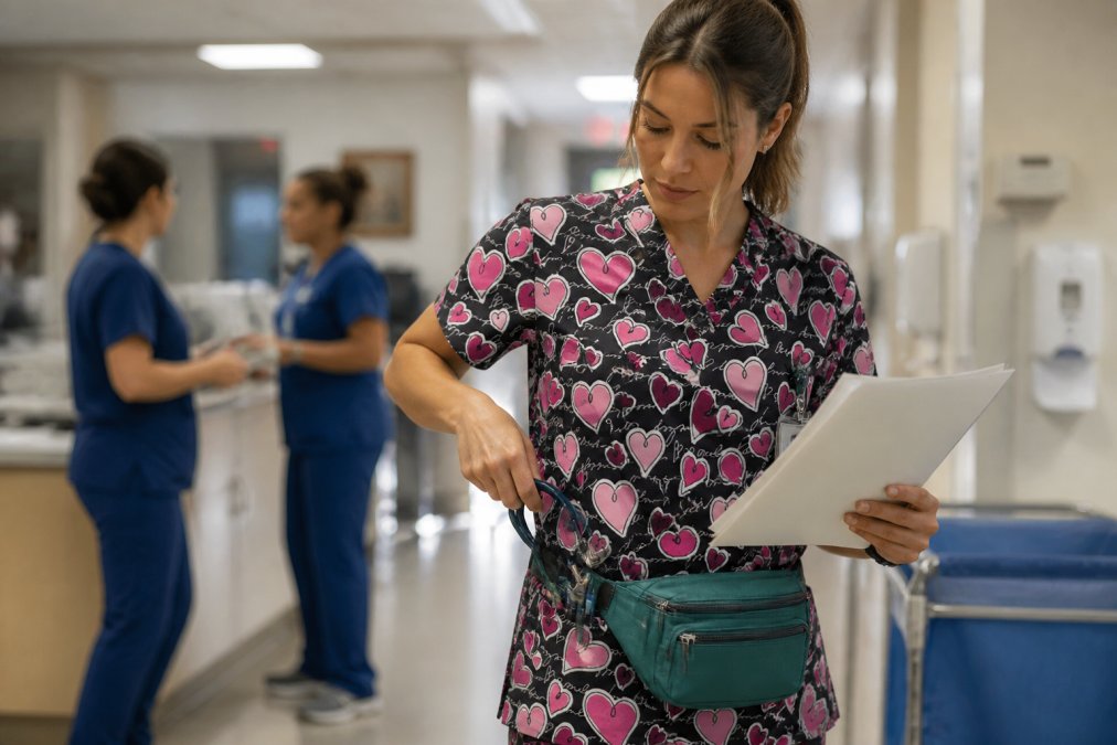 Nurse during active shift with organized equipment visible in scrub pockets and waist bag, hands accessing stethoscope from front pocket while reviewing patient information, busy hospital background with natural lighting