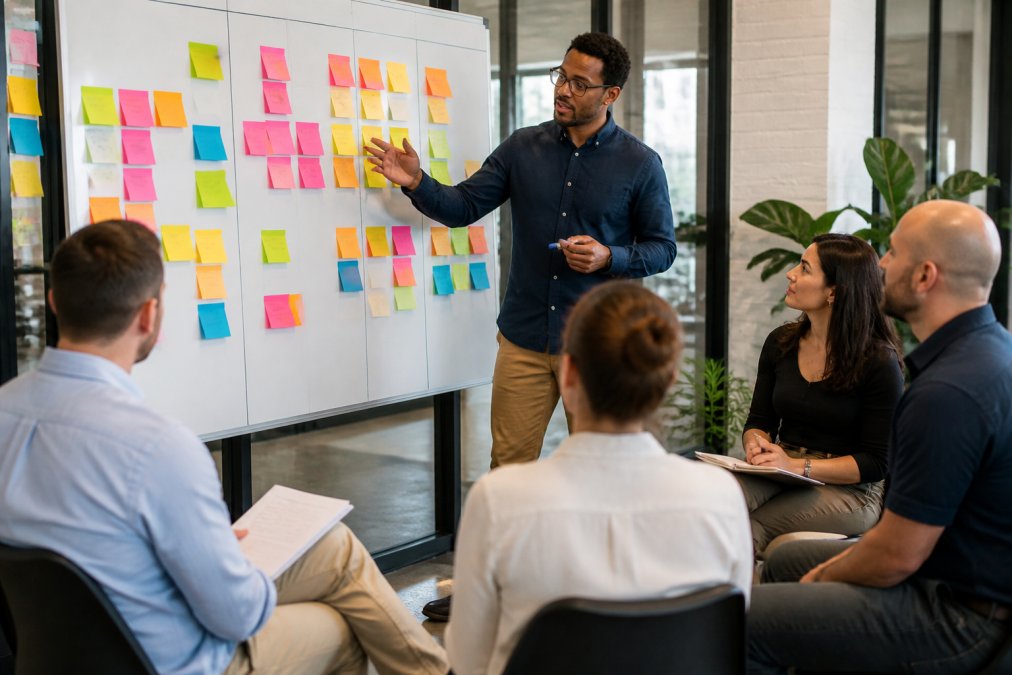 A Scrum Master standing beside a whiteboard covered in sticky notes, gesturing while a small team sits in a semicircle watching and taking notes