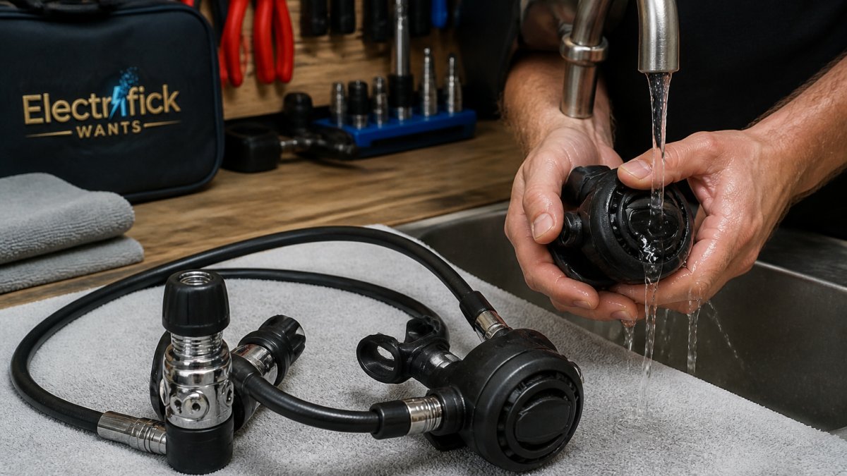 Close-up of a diver's hands rinsing a scuba regulator second stage under a gentle freshwater tap, dust cap fitted on the first stage, regulator laid out on a clean towel