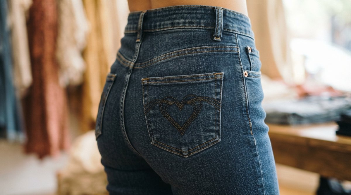 Close-up of high-waisted denim showing detailed heart-shaped stitching on rear panel, inward-curved back seams, and curved yoke construction with natural fabric texture visible