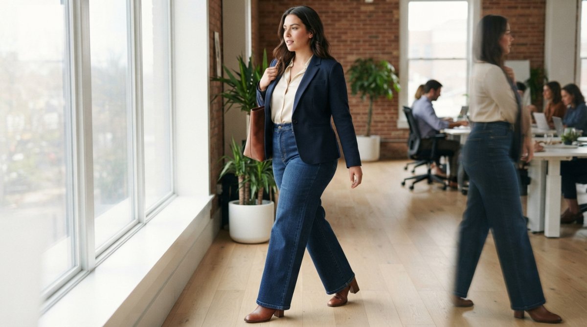Woman wearing high-waisted wide-leg sculpting jeans with fitted blazer, photographed from side and front angles to show lifted hip silhouette, rounded derrière contour, and overall flattering body proportions in natural office lighting