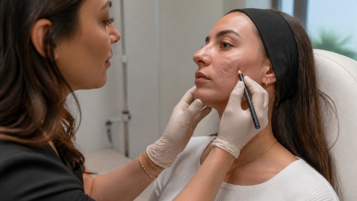 A licensed aesthetic provider in gloves carefully marking a patient's cheek during a scar assessment consultation in a bright, modern treatment room