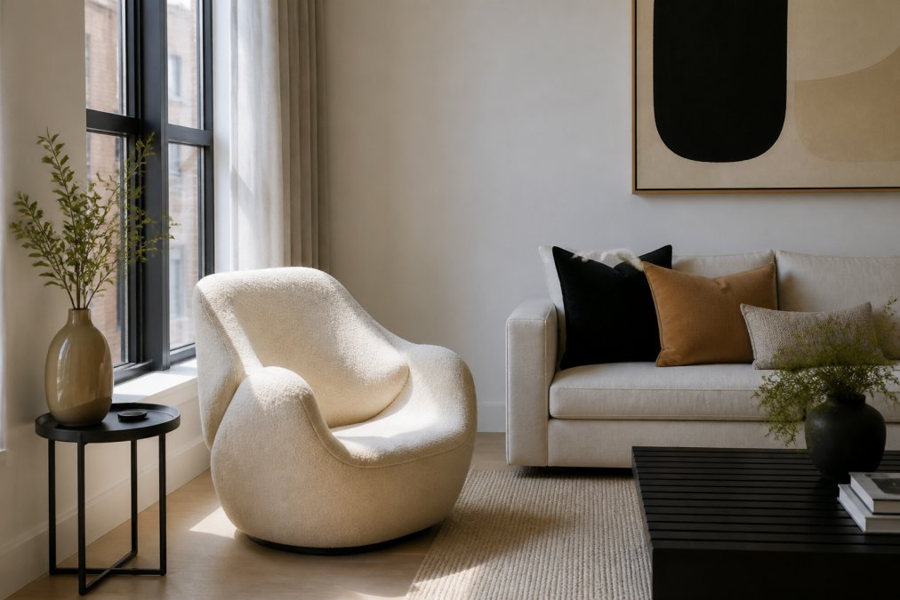 A small modern living room featuring a sculptural accent chair with organic curved lines positioned near a window, with minimal side table and negative space creating a focal point without overwhelming the compact space