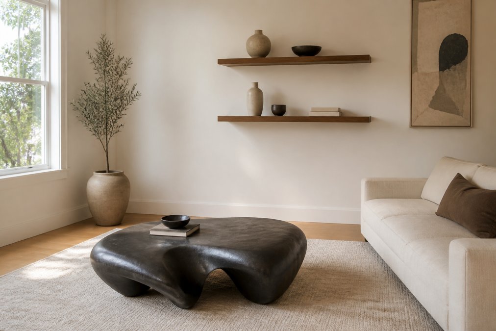 A minimalist small living room with one bold sculptural piece as an anchor, featuring curated decor accents on floating shelves, soft natural lighting from a window, and substantial negative space creating a gallery-like atmosphere