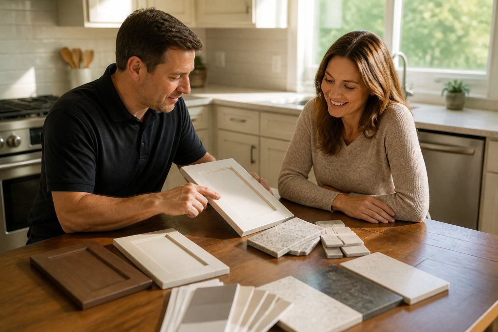 A contractor and homeowner reviewing cabinet samples and countertop material swatches together at a kitchen table during a consultation, warm afternoon light coming through the kitchen window