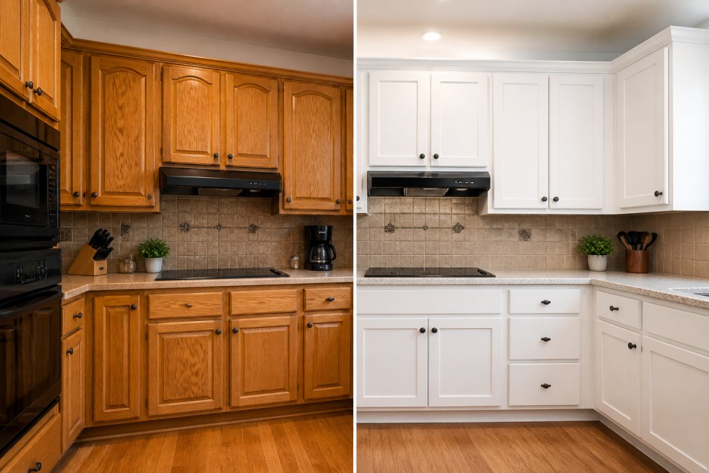 A kitchen showing worn, dated original cabinet doors on the left side of the frame and freshly refaced white shaker-style cabinet doors on the right side, photographed under bright overhead kitchen lighting