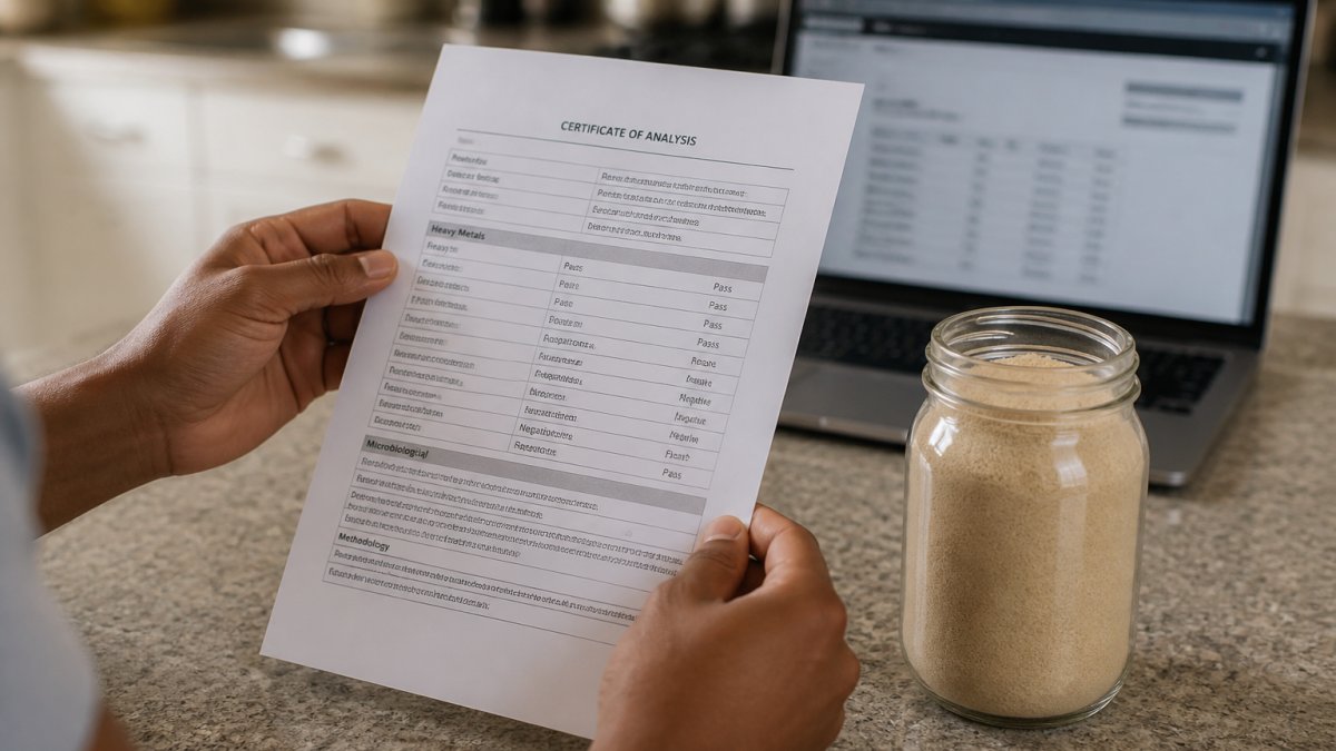 Close-up of hands holding a printed certificate of analysis next to a jar of sea moss powder on a kitchen counter, with a laptop showing a lab report in the background