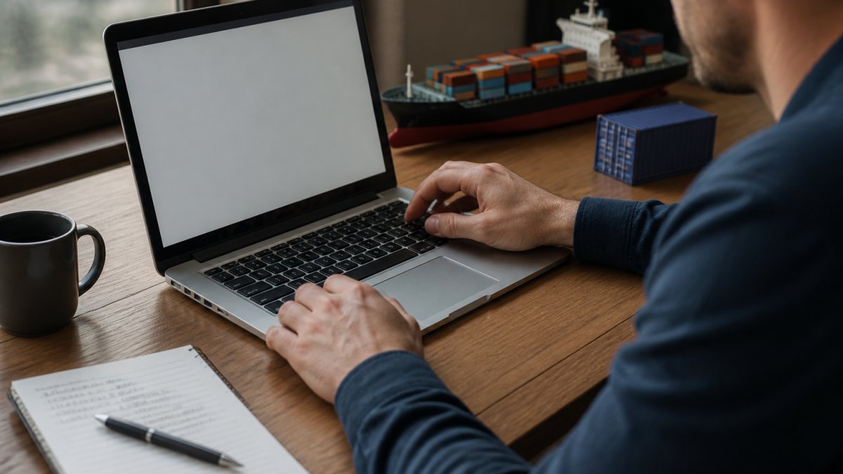 A person at a wooden desk using a laptop to view an online freight calculator, a notebook and pen beside the screen showing handwritten shipping notes, soft daylight from a window