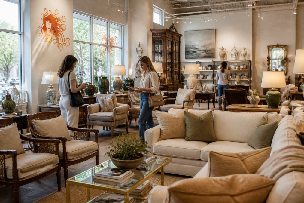 Interior of an upscale consignment furniture store with carefully arranged sofas, chairs, and vintage home decor pieces displayed in a living room setting, natural light streaming through windows, customers browsing and examining furniture