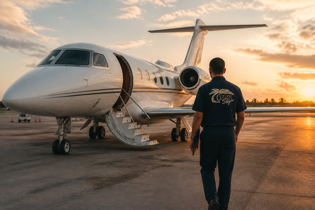 A private jet parked on a tarmac at a Fort Lauderdale airport during golden hour, with a maintenance technician in uniform walking toward it carrying a tablet