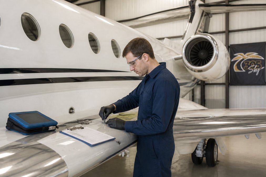 Technician performing a Seal Aviation pre-purchase inspection on a business jet inside a Fort Lauderdale hangar