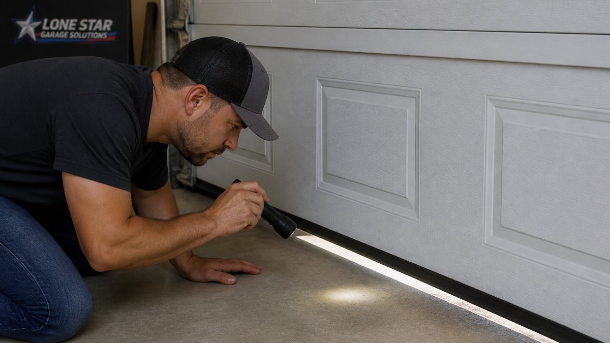 Diagram showing how to use a flashlight to identify light leaks and seal garage door gaps effectively.