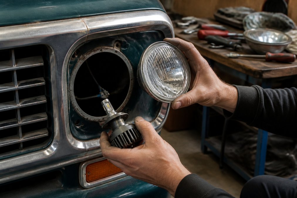 Mechanic installing an LED headlight conversion kit into a vintage truck's sealed beam housing cavity.