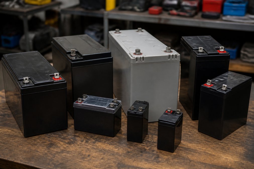 Close-up of various sealed lead acid batteries of different sizes and capacities arranged on a workbench with visible terminal types and construction details