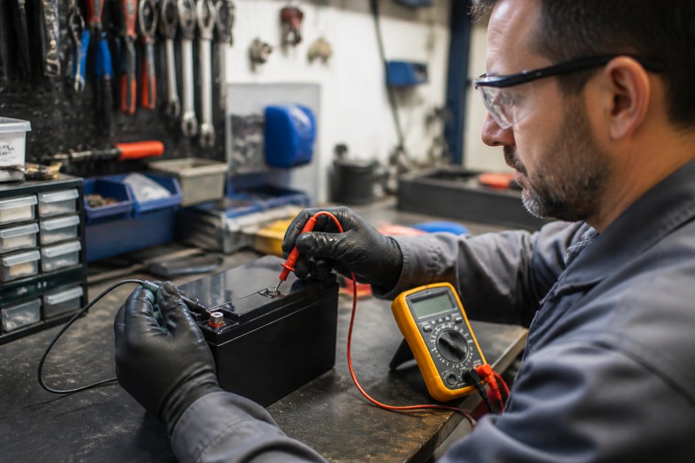Technician using a digital multimeter to test a sealed lead acid battery, showing proper probe placement on terminals and measurement technique in a workshop setting