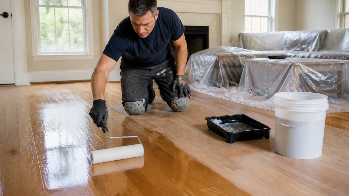 A homeowner applying a water-based polyurethane finish to a bare hardwood floor with a roller, wearing knee pads and gloves in a bright living room with plastic sheeting covering nearby furniture