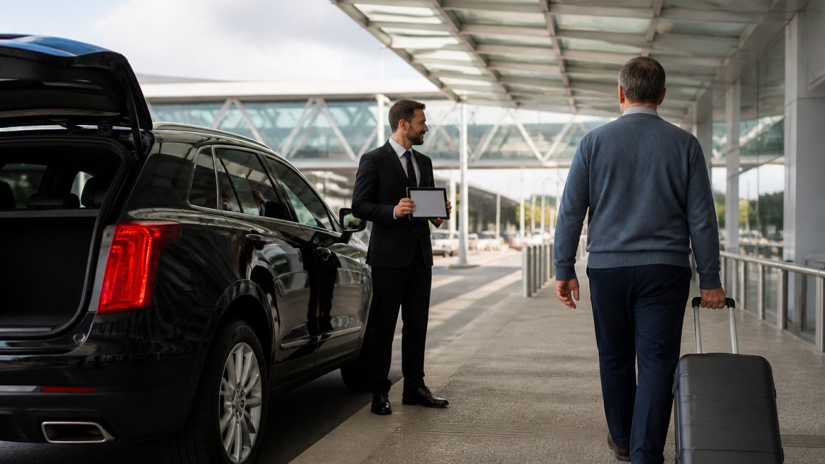 Chauffeur waiting with a sign by a black SUV for airport transfers at the Brisbane terminal arrivals kerb