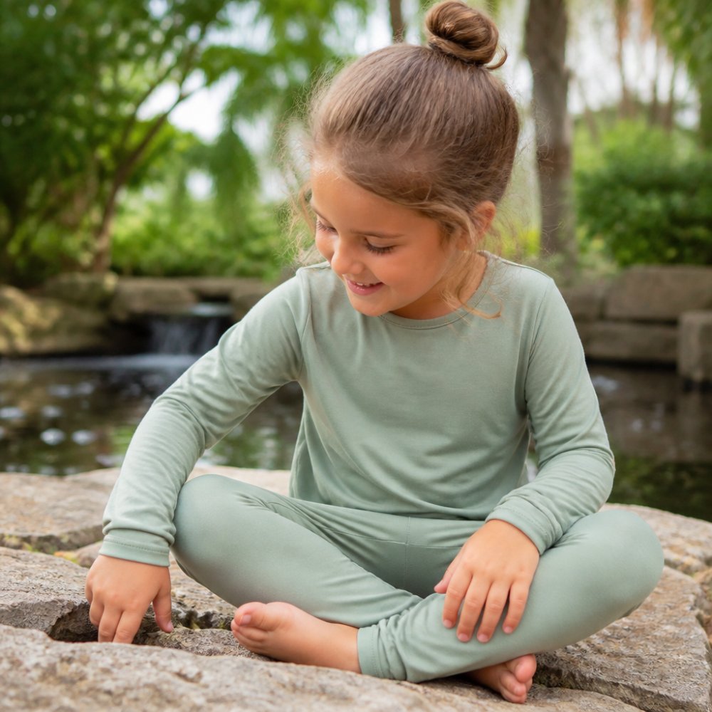 Child comfortably wearing soft, tagless bamboo clothing while playing or relaxing outdoors, showing ease and contentment with natural lighting