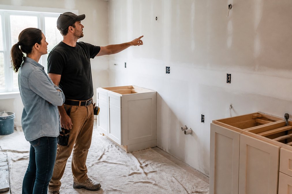 Homeowner and contractor discussing cabinet placement in a kitchen renovation to ensure clear contractor communication.