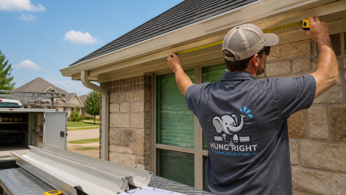 Professional technician measuring roofline with digital tools and measuring tape on residential home, preparing custom gutter specifications