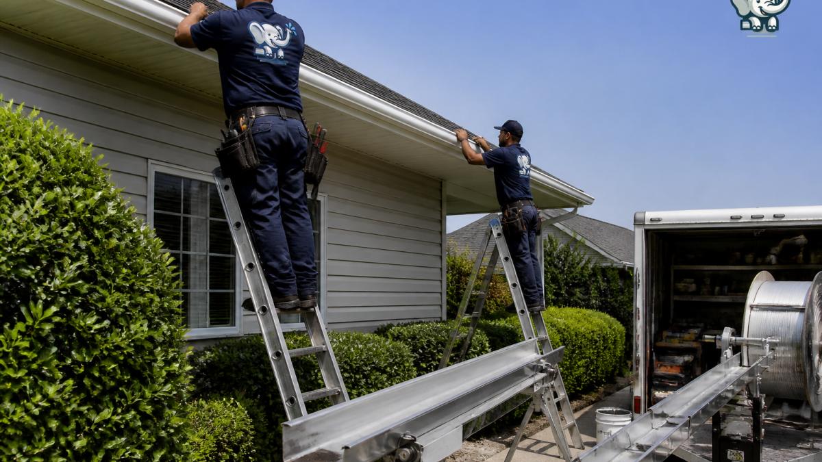 Professional crew performing seamless gutter installation on a residential roofline with fabrication equipment