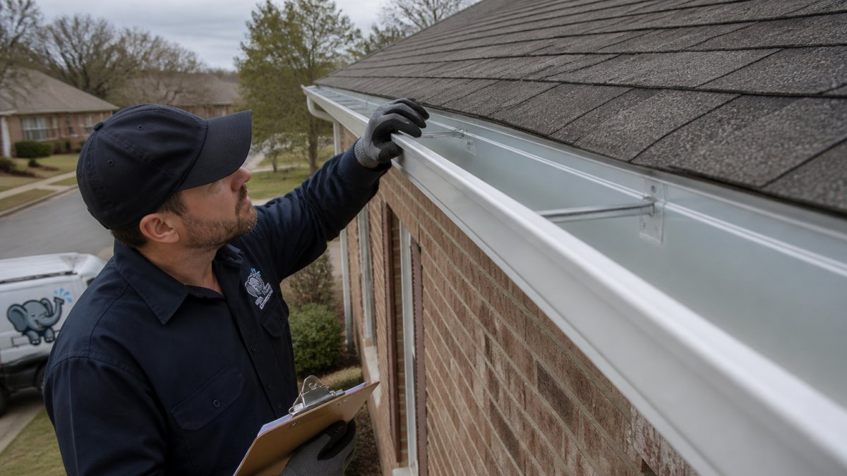 Technician inspecting a seamless gutter on a brick home for gutter repair Tyler services