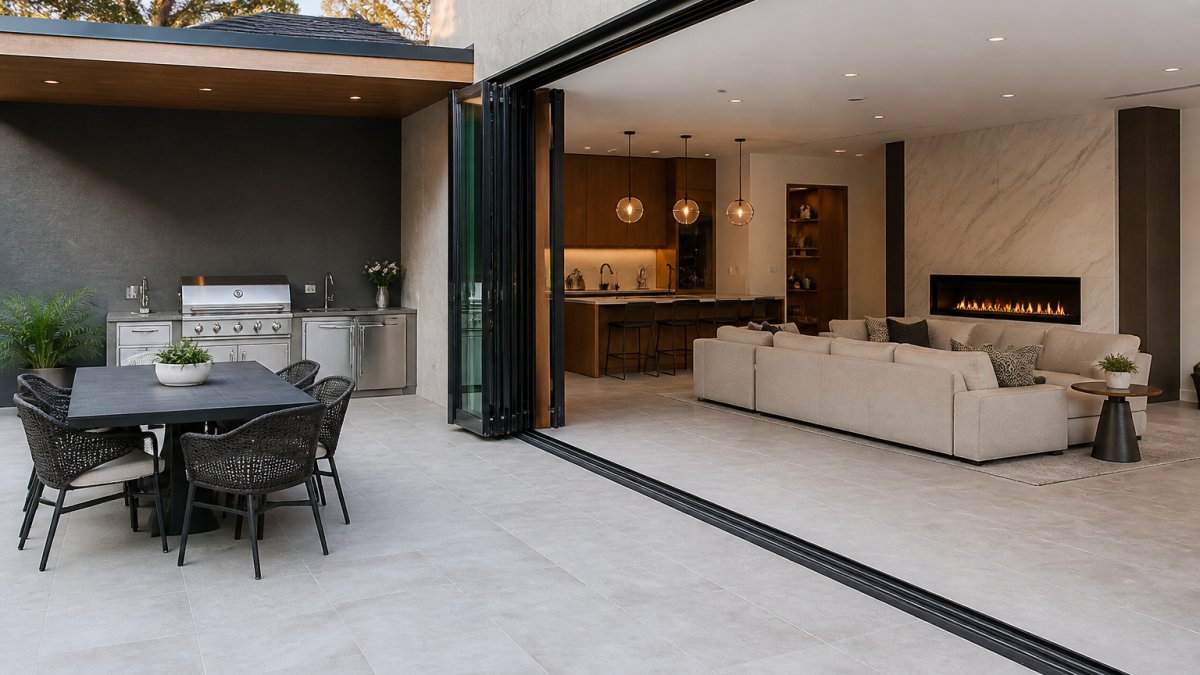 Modern residential patio with large bi-fold glass doors fully opened to reveal continuous porcelain flooring from interior living room through to outdoor entertaining space, natural daylight illuminating both zones, minimalist design aesthetic
