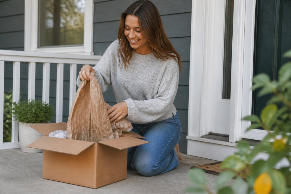A smiling shopper kneeling on a doorstep unboxing a delivery box while a laptop on the porch railing shows a clean checkout page