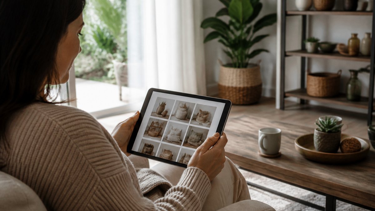 Customer browsing curated home goods on a tablet in a sunlit living room with personalized recommendations